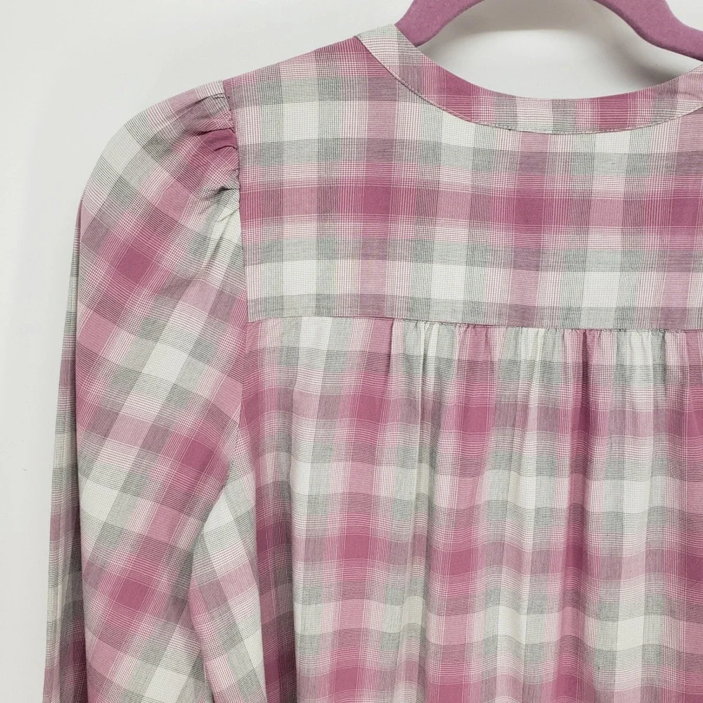 LOFT Plaid Smocked Button Down Shirt Womens Small Pink Long Sleeve Puff Shoulder